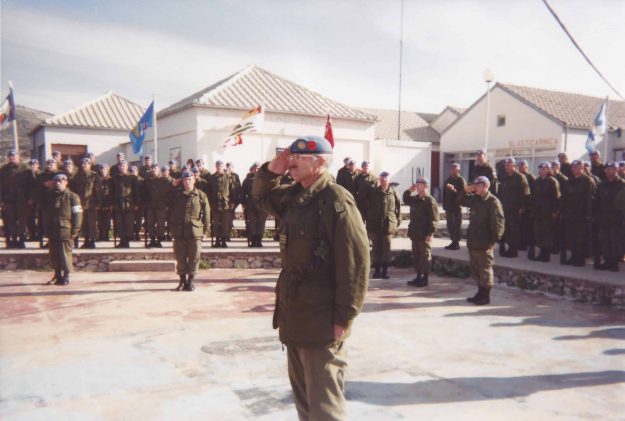 Lieutenant-Colonel David Redman during the Change of Command ceremony in Lahr, Germany in 1992 (above) and on Remembrance Day, 1995 in the former Republic of Yugoslavia (below).