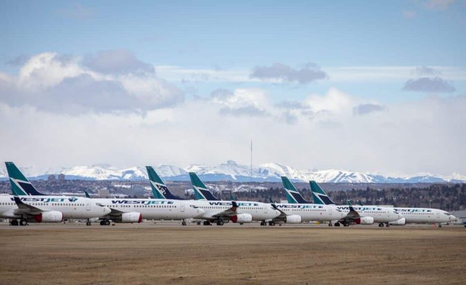 Row of planes stranded as air travel was reduced to a standstill amid the pandemic induced lockdown.