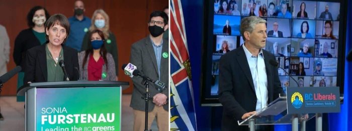 NDP Premier Horgan rolled the dice on a pandemic election campaign, facing novice Green leader Furstenau (below Left) and uncharismatic Liberal leader Wilkinson (below right).