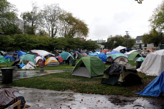 Into the wild: Wilkinson’s pitch to ban urban “camping” (like the Oppenheimer Park tent city near Strathcona, pictured) showed promise but fell short of an election-winner.