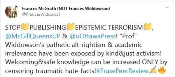 Arch-nemesis Frances McGrath furiously demands censorship of Frances Widdowson’s academic ‘hate-facts’.